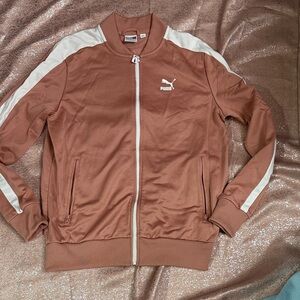 Puma Men's Tan Bomber Jacket with White Stripes